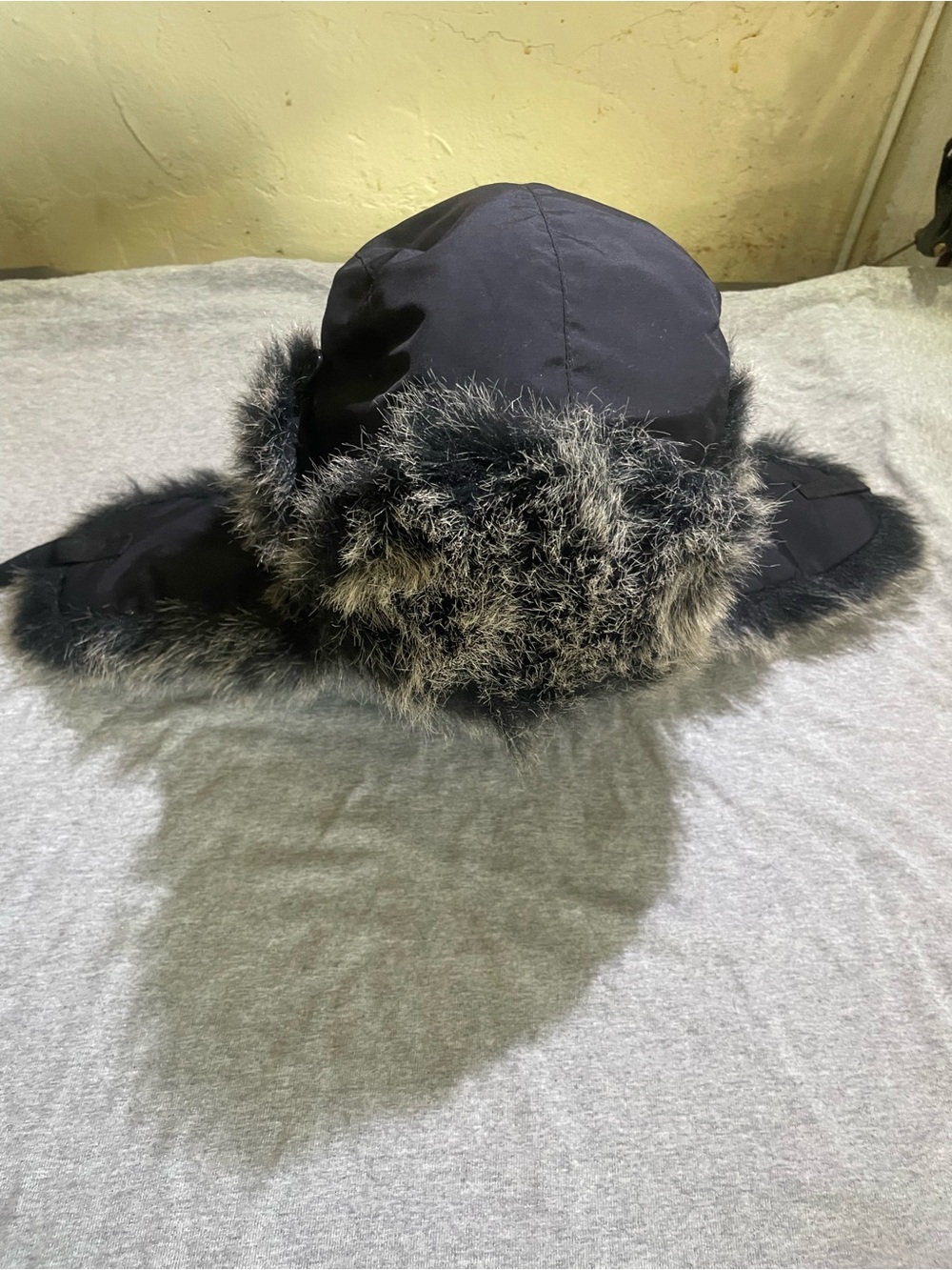 Black Solid Trapper Hat Faux Fur Trim Ear Flaps Lined One Size Cotton/Poly
